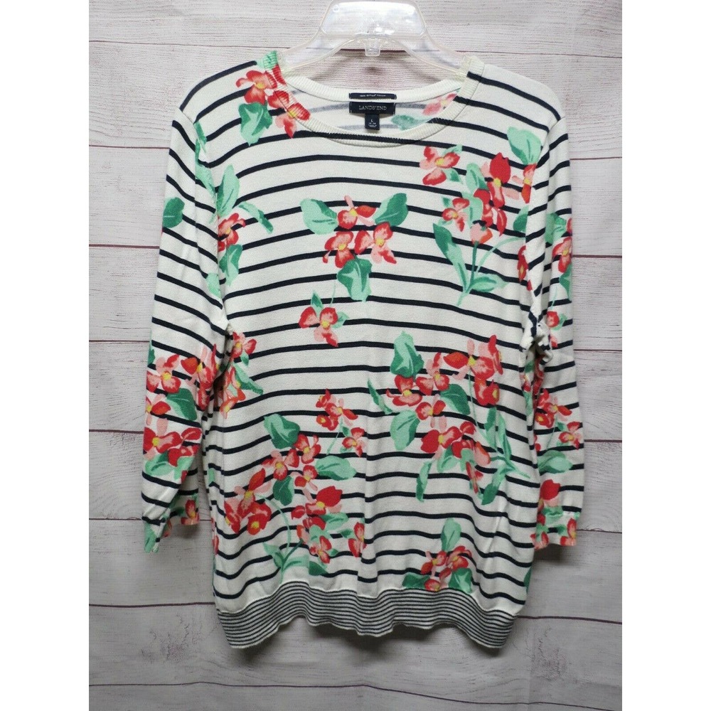 Lands' End Size Lg Large 14-16 100% Cotton Striped Floral Print Sweater 3/4 Sl